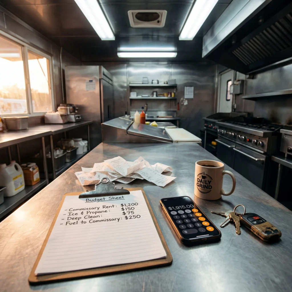 Food truck operator budget worksheet on commissary kitchen prep table with receipts calculator and coffee showing monthly cost planning
