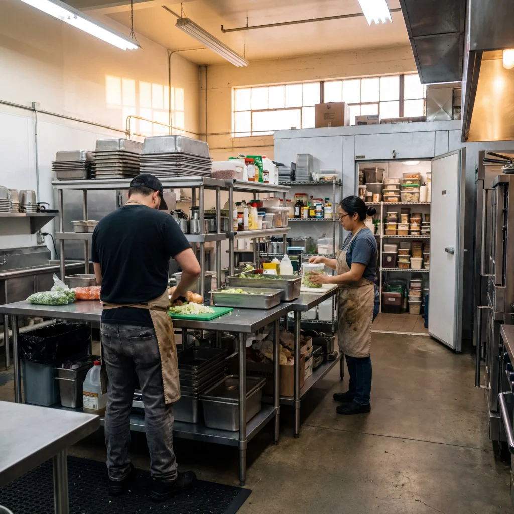 Multiple food truck operators working inside a busy shared commissary kitchen during early morning peak prep hours