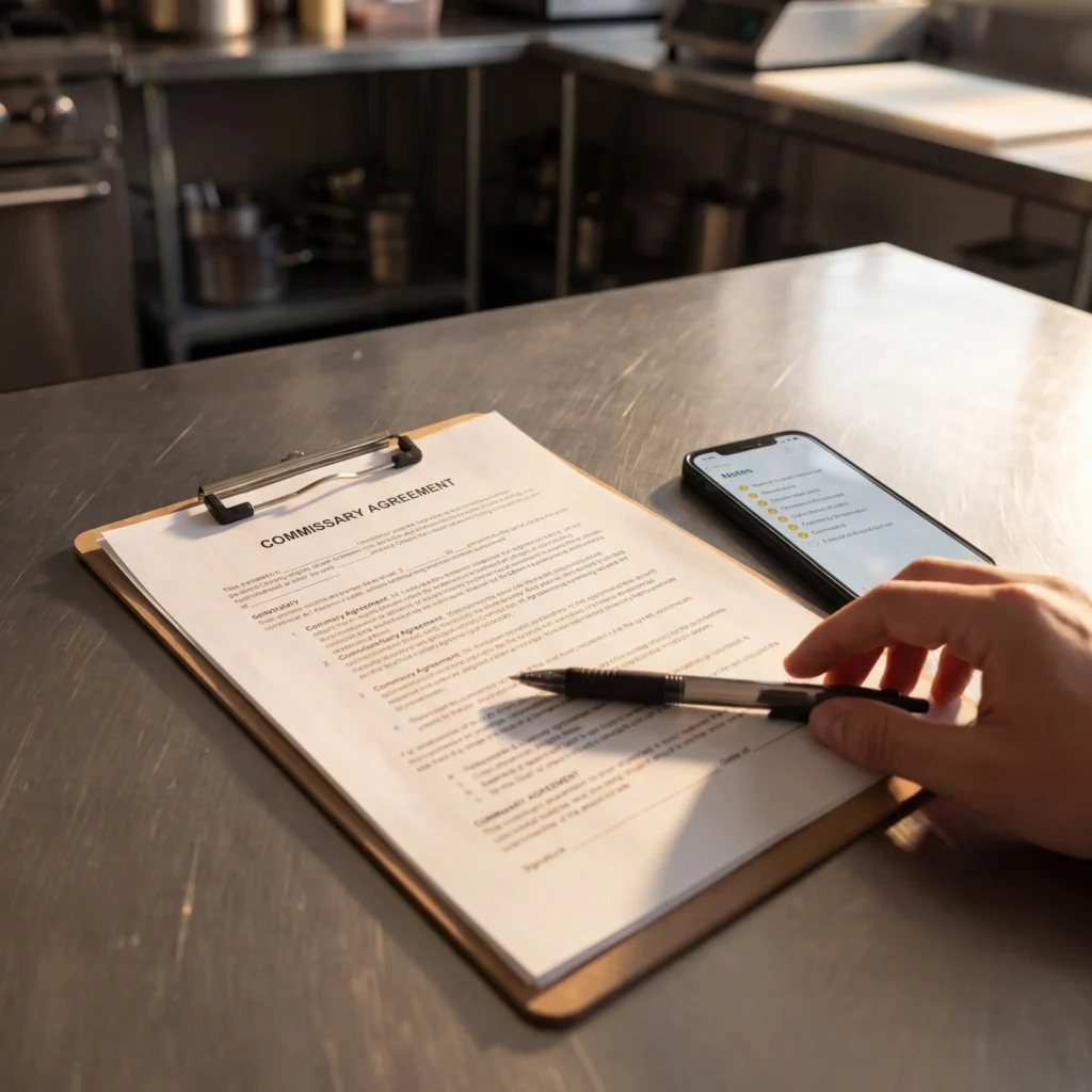 Commissary agreement document on clipboard with pen on stainless steel kitchen counter ready for food truck operator to review and sign