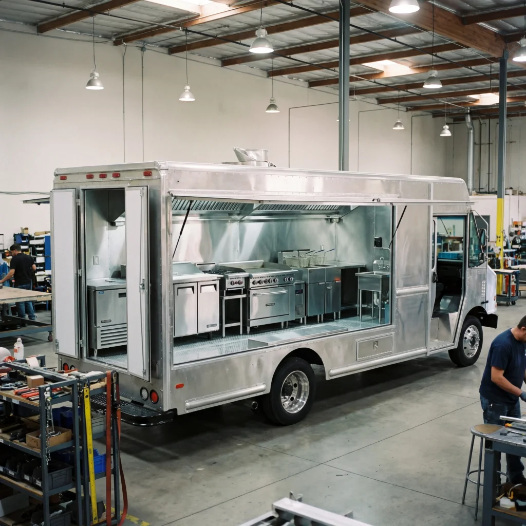 Brand new custom-built food truck showing professional stainless steel kitchen equipment in manufacturing facility