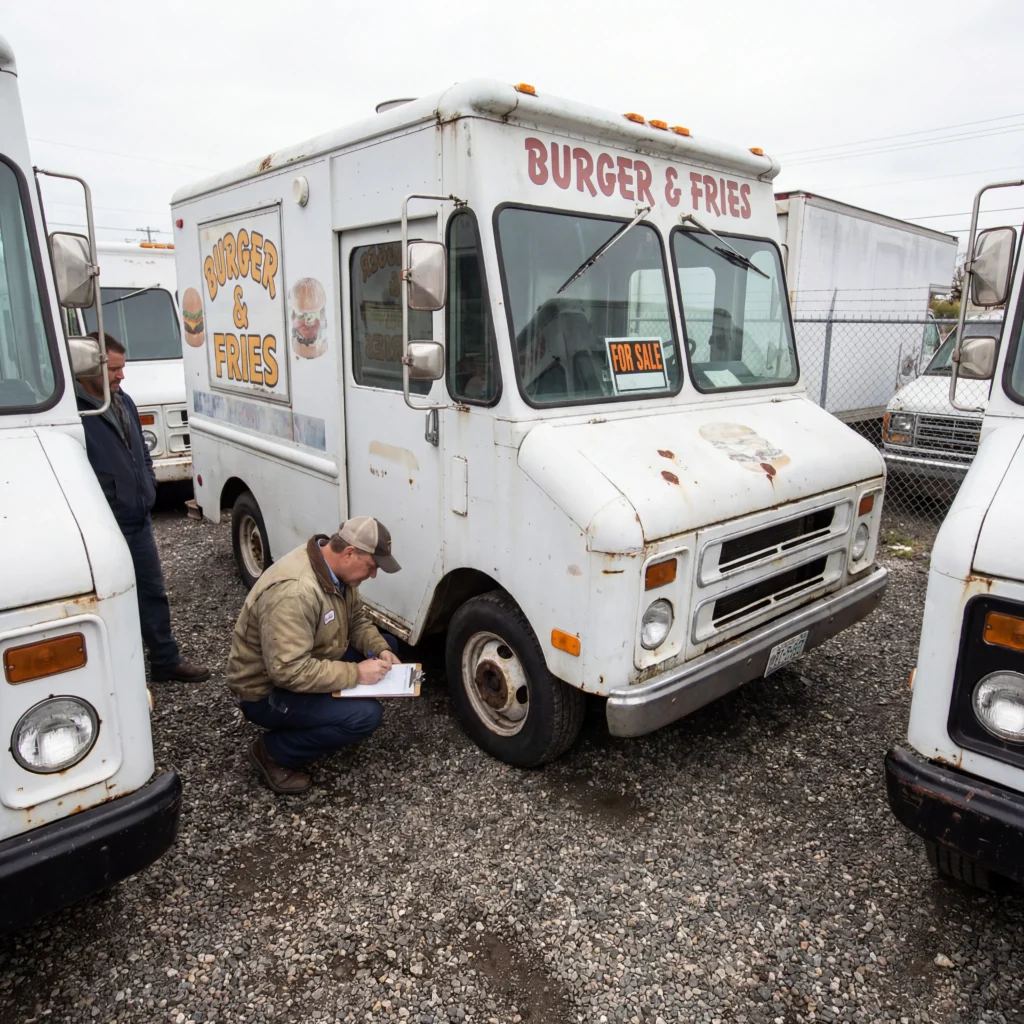 Buyer inspecting used food truck for sale in outdoor lot with clipboard checking condition and equipment