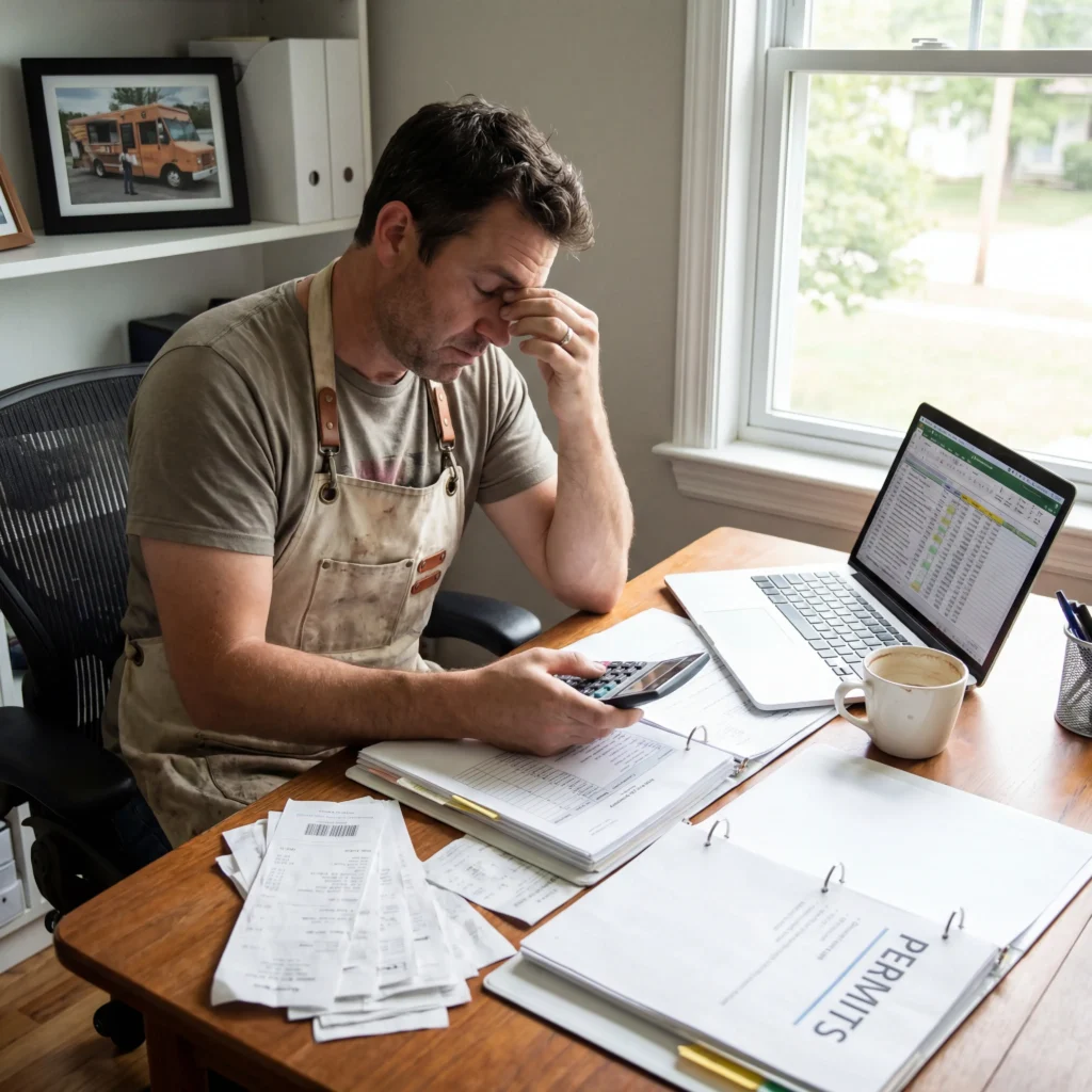Food truck owner reviewing startup costs paperwork with permits licenses and financial spreadsheets on desk