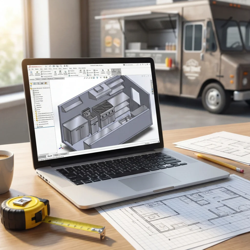 Food truck design template being created in 3D modeling software on a laptop with graph paper sketches on the desk