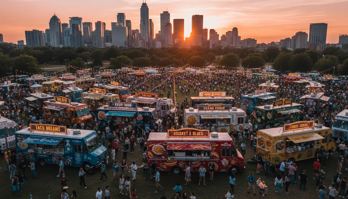 Food truck festival with multiple vendors serving crowds at golden hour in urban park setting