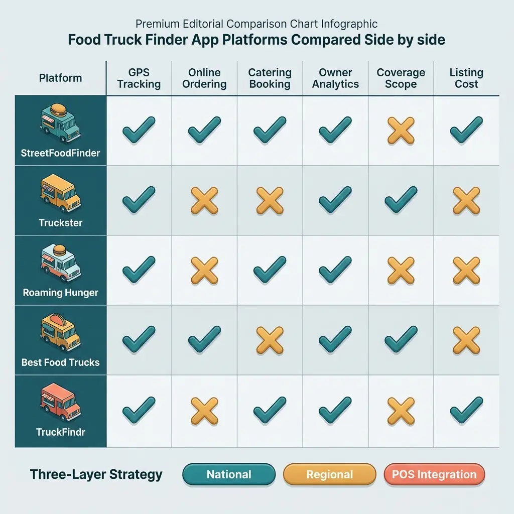 Food truck finder app platform comparison chart showing features for StreetFoodFinder Truckster and Roaming Hunger