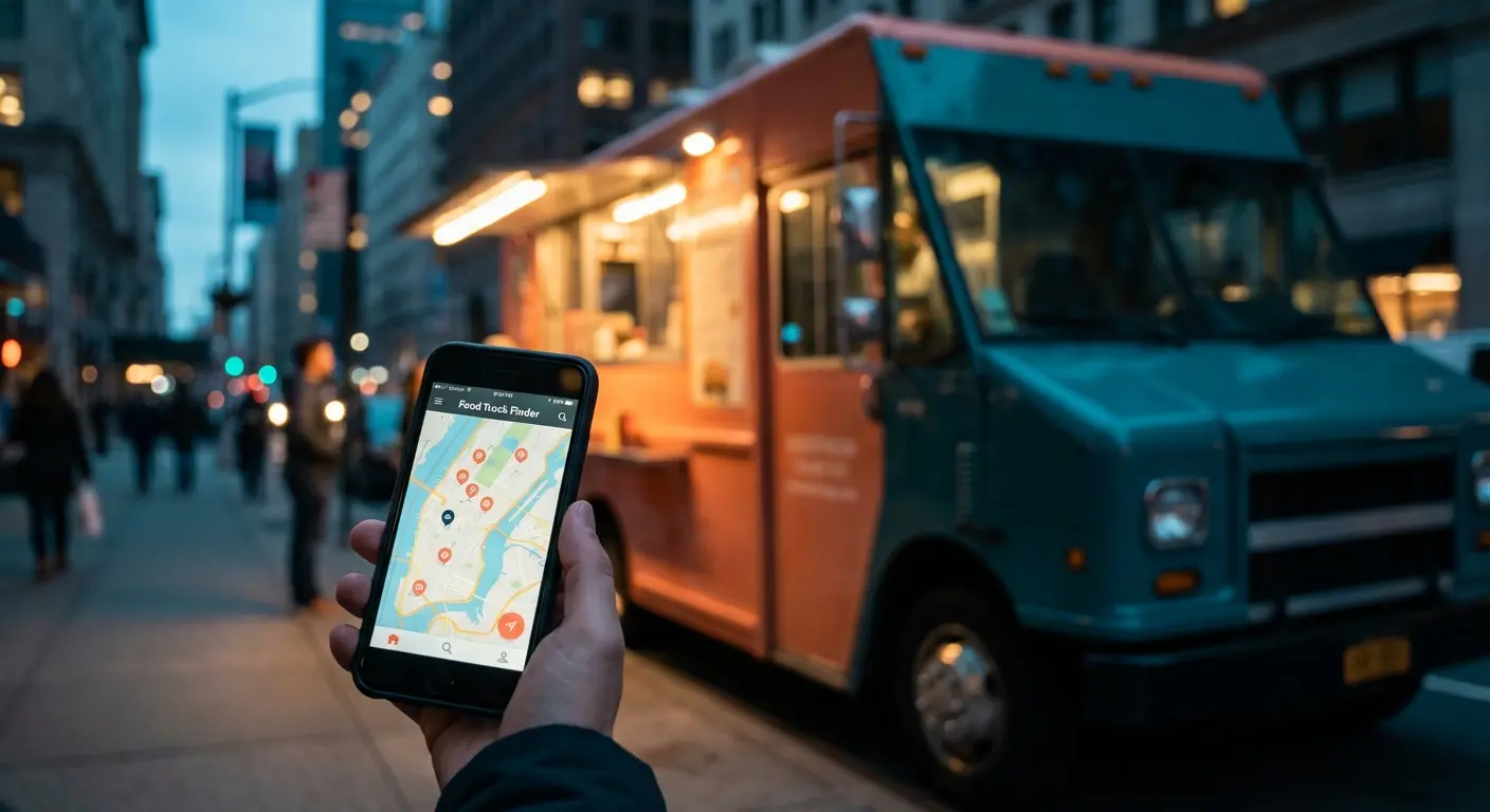 Food truck finder app displayed on smartphone screen with colorful food truck and city lights in background at dusk