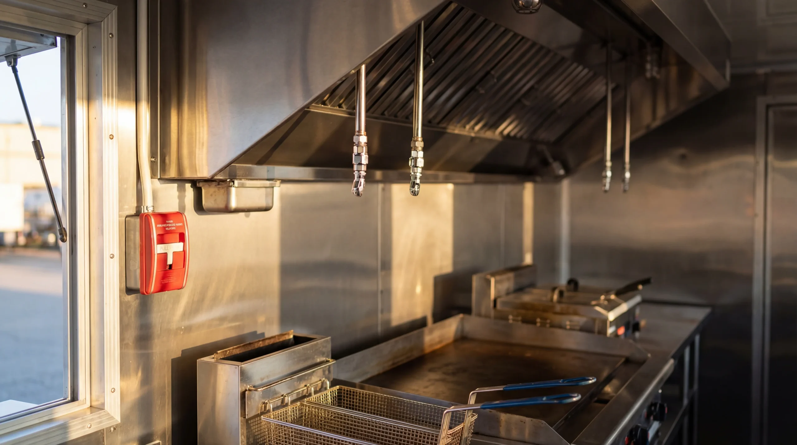 Food truck fire suppression system with chrome nozzles mounted above griddle and fryer inside a stainless steel kitchen