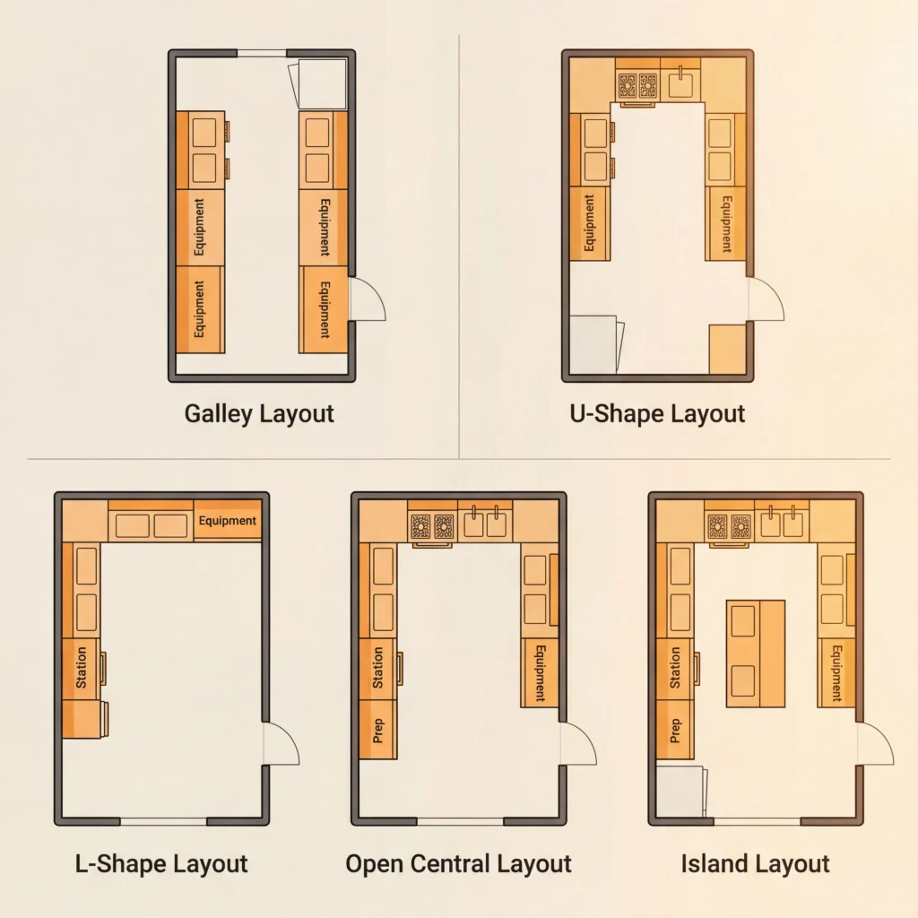 Five food truck floor layout types shown as top-down diagrams including galley U-shape L-shape open central and island