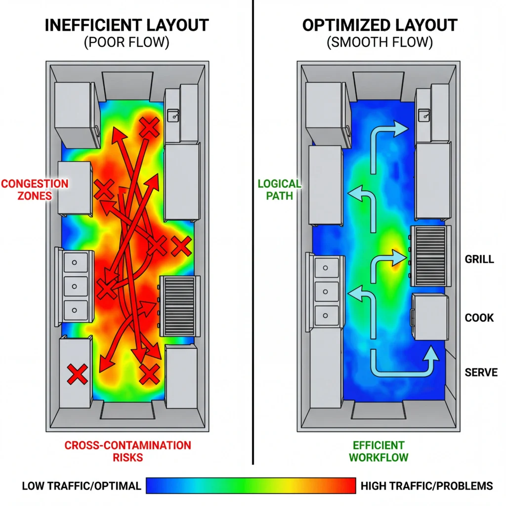 Food truck floor plans heat map showing staff movement patterns comparing congested poor layout in red versus optimized efficient design with smooth traffic flow in blue-green
