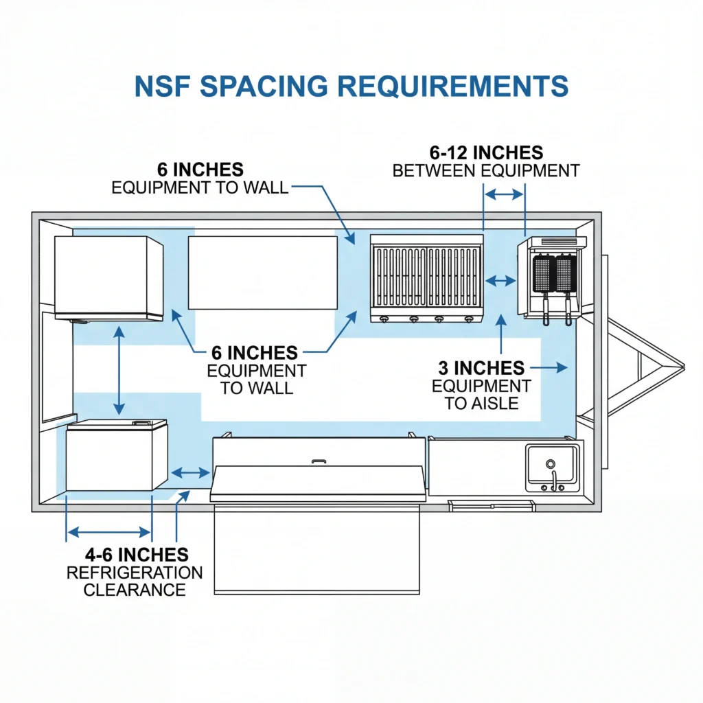 Food truck floor plans annotated diagram showing NSF spacing requirements with measurements: 6-12 inches between equipment, 6 inches to walls, 3 inches to aisles, 4-6 inches refrigeration clearance