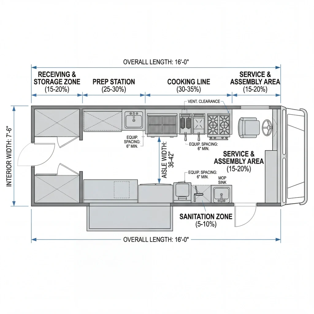 Food truck floor plans diagram showing optimal 16ft layout with labeled workflow zones, aisle widths 36-42 inches, and NSF equipment spacing requirements