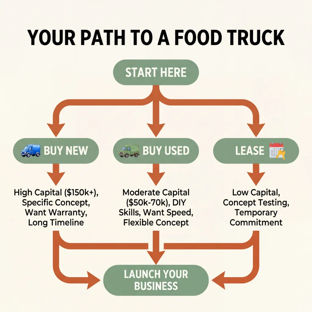 Decision flowchart comparing new vs used vs lease options for buying a food truck