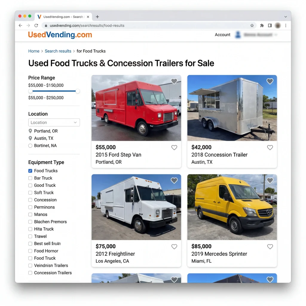 Browsing food trucks for sale on an online marketplace website with prices visible