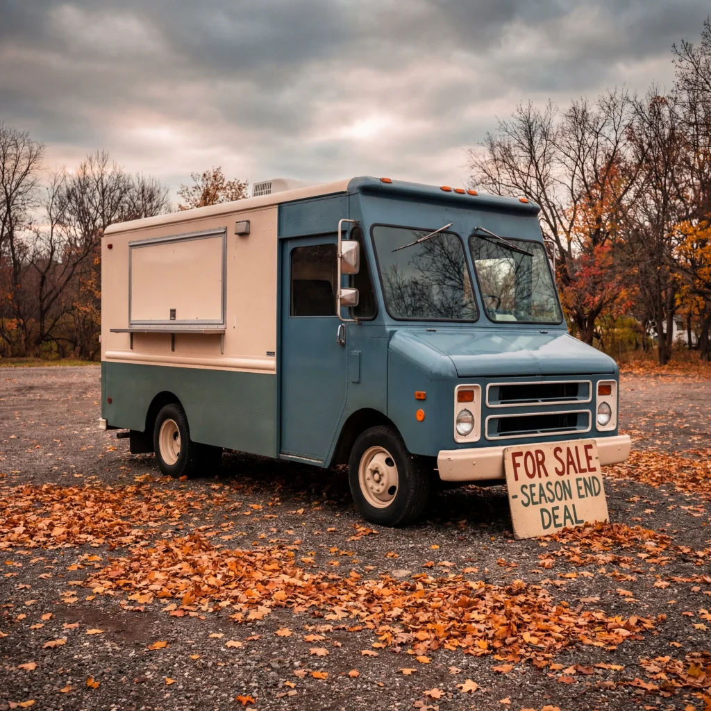Food truck for sale in autumn lot with fallen leaves suggesting off-season pricing deals