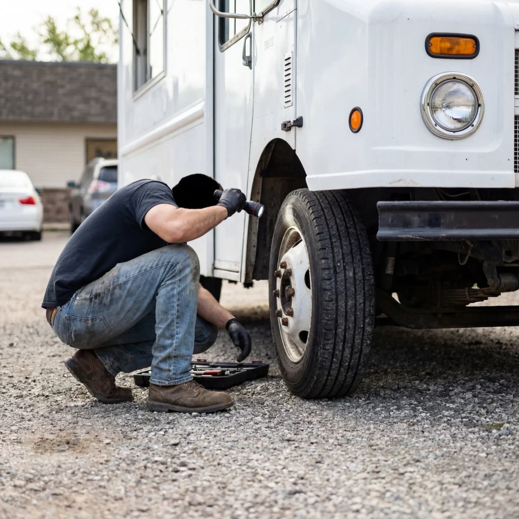 Buyer inspecting food truck undercarriage and tires before purchase at outdoor lot