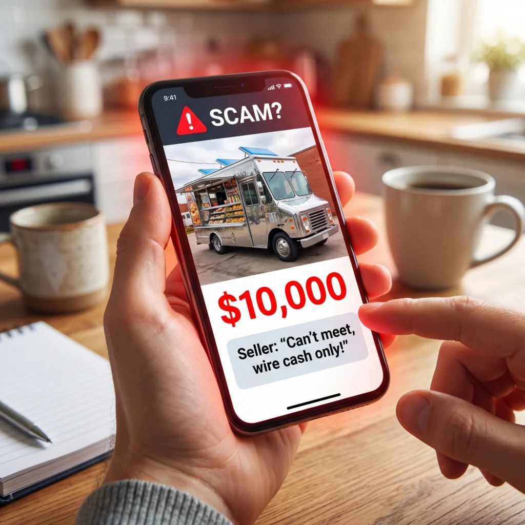 Smartphone showing suspicious food truck for sale listing with too-good-to-be-true price