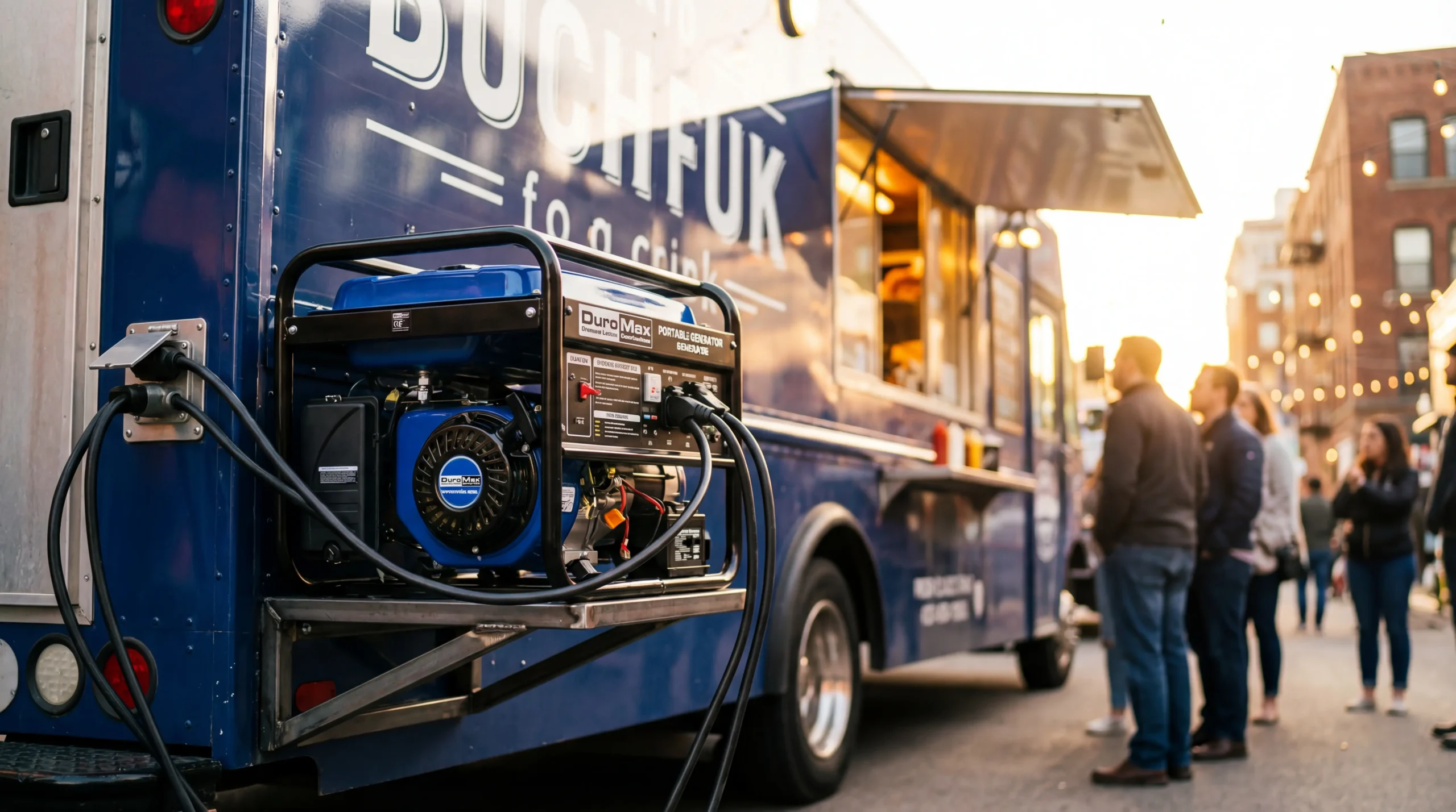Portable food truck generator mounted on a rear platform bracket with power cables connected to the truck