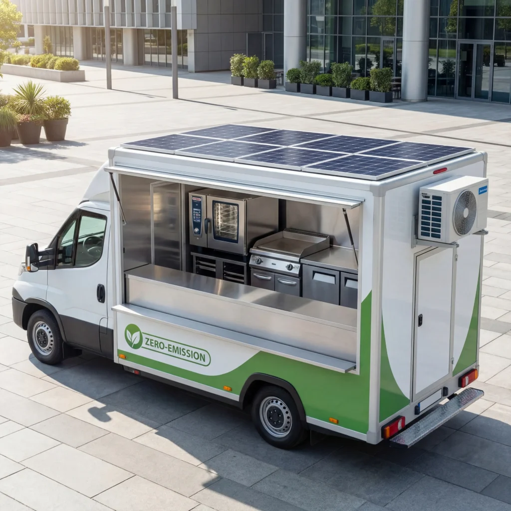 Sustainable food truck with solar panels and electric equipment eligible for eco-friendly food truck grants and sustainability funding programs