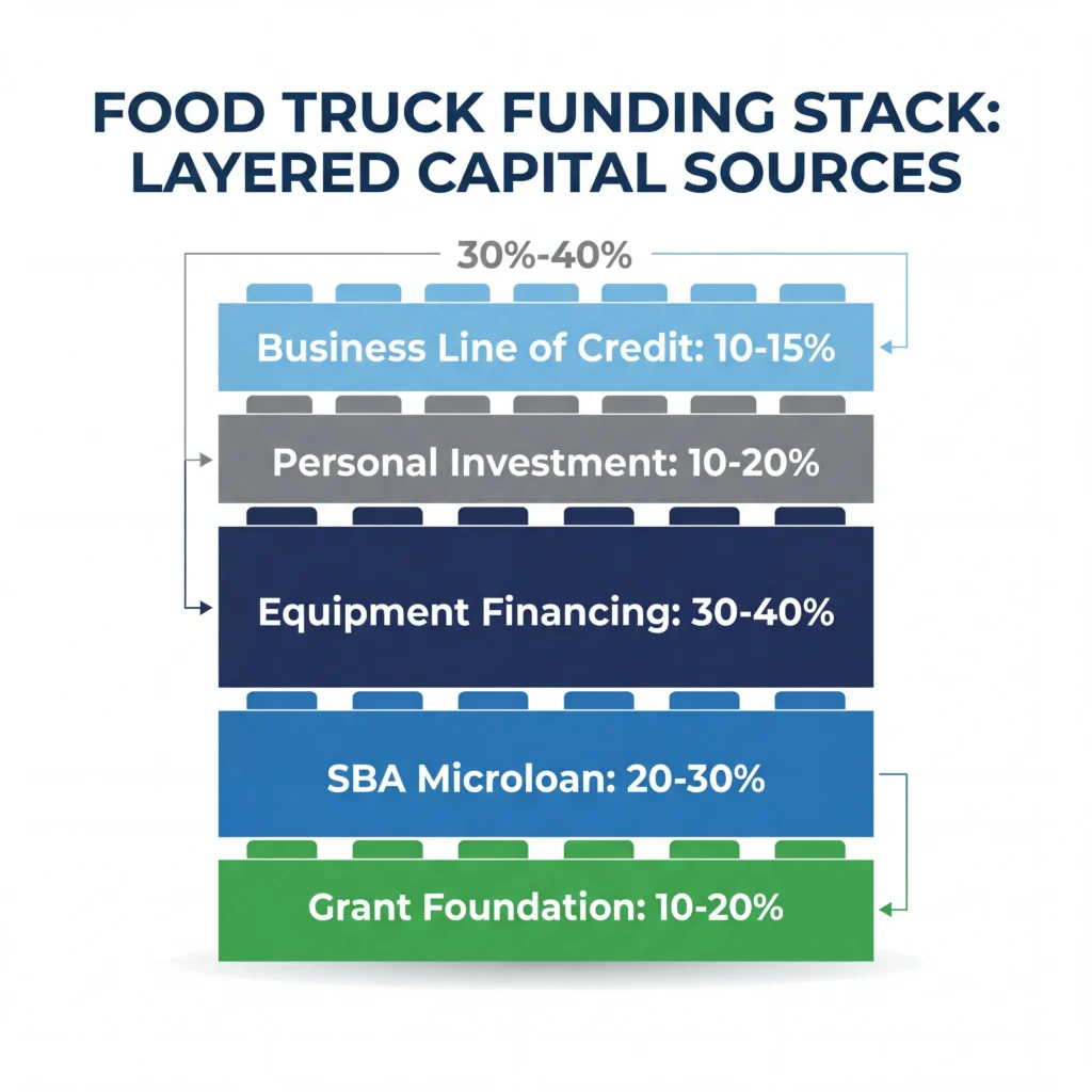 Food truck funding stack showing grants 10-20%, SBA microloans, equipment financing, personal investment, and business credit layered financing strategy