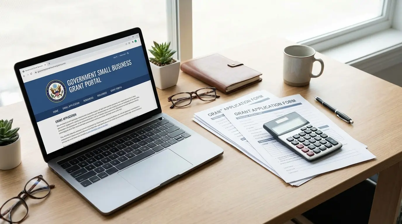 Food truck grants application workspace with government forms, laptop, and financial documents on organized desk