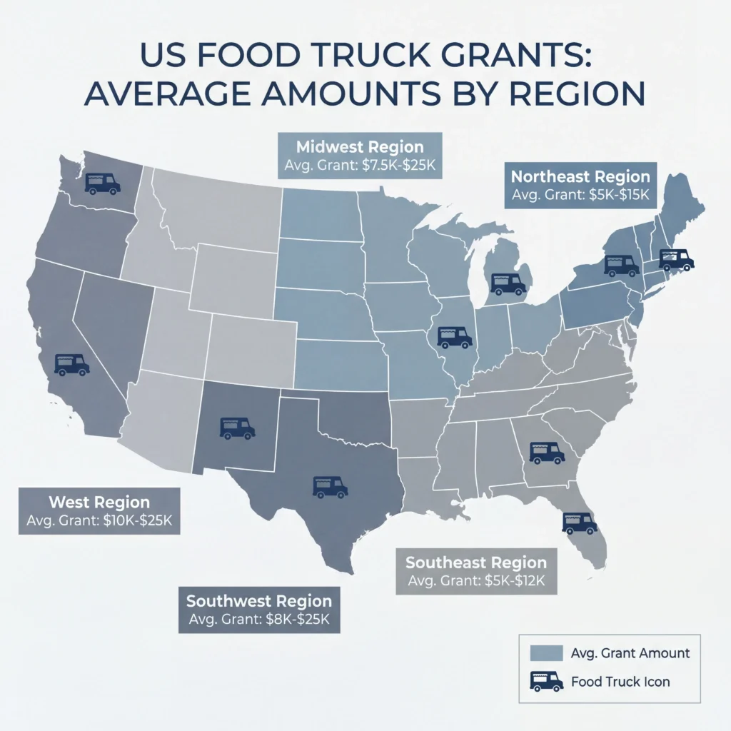 United States regional food truck grant map showing state and local funding programs by geographic area with typical award amounts
