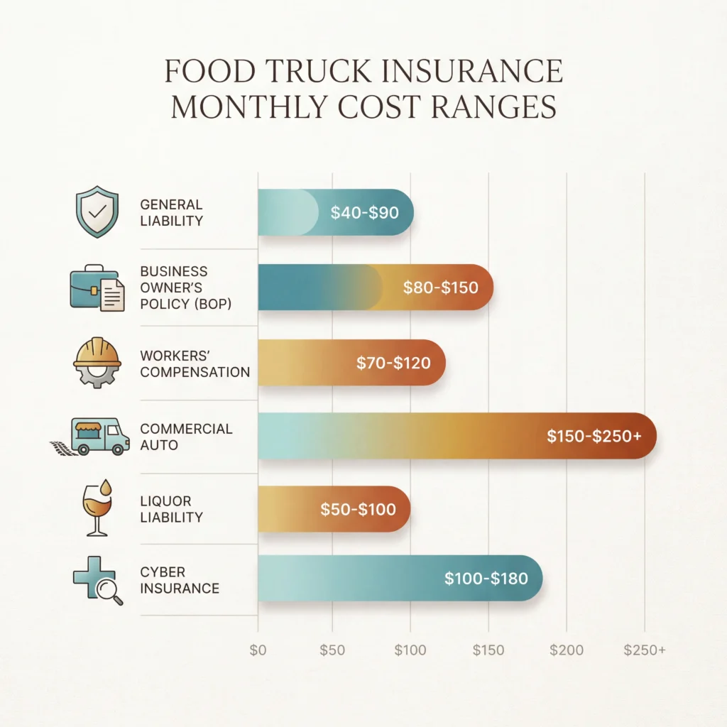 Food truck insurance cost breakdown showing monthly premium ranges for six coverage types from general liability to cyber insurance