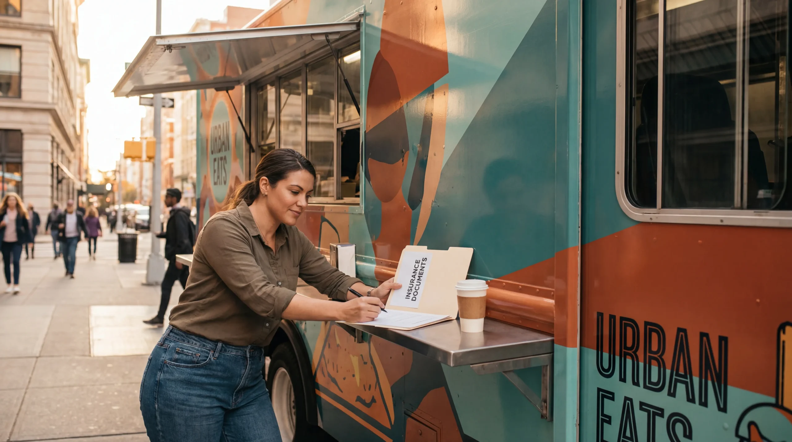 Food truck insurance guide showing a food truck owner confidently reviewing coverage documents at their serving window