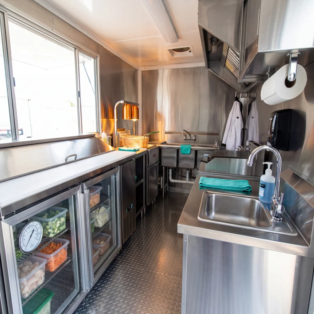 Food truck interior prepped for health department food truck license inspection with handwashing station and steel surfaces