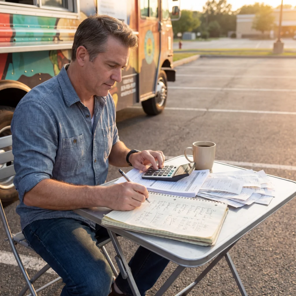 Food truck owner calculating food truck license cost and permit fees with receipts outside their truck