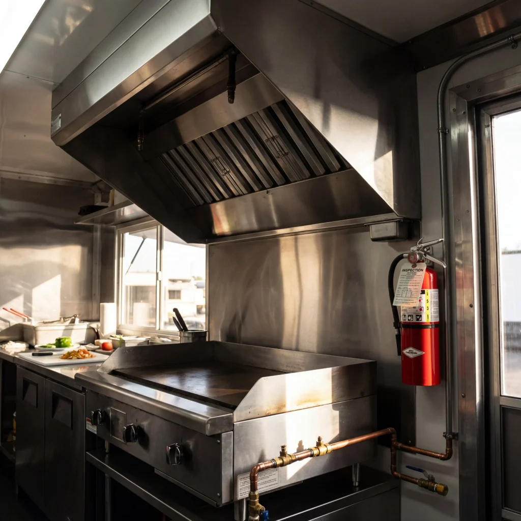 Food truck fire suppression system hood above grill with fire extinguisher mounted on wall