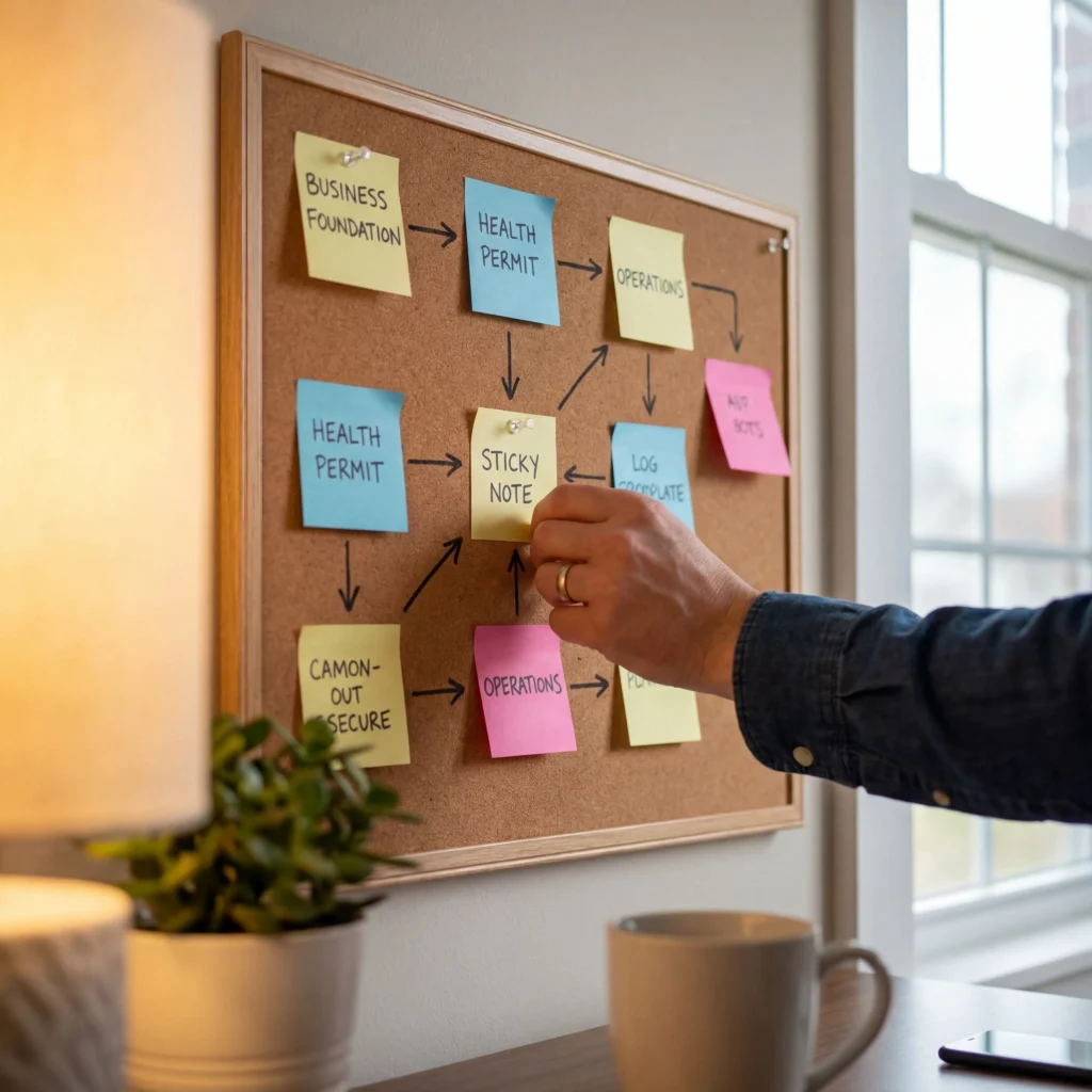 Planning board with sticky notes mapping out how to get a food truck license step by step