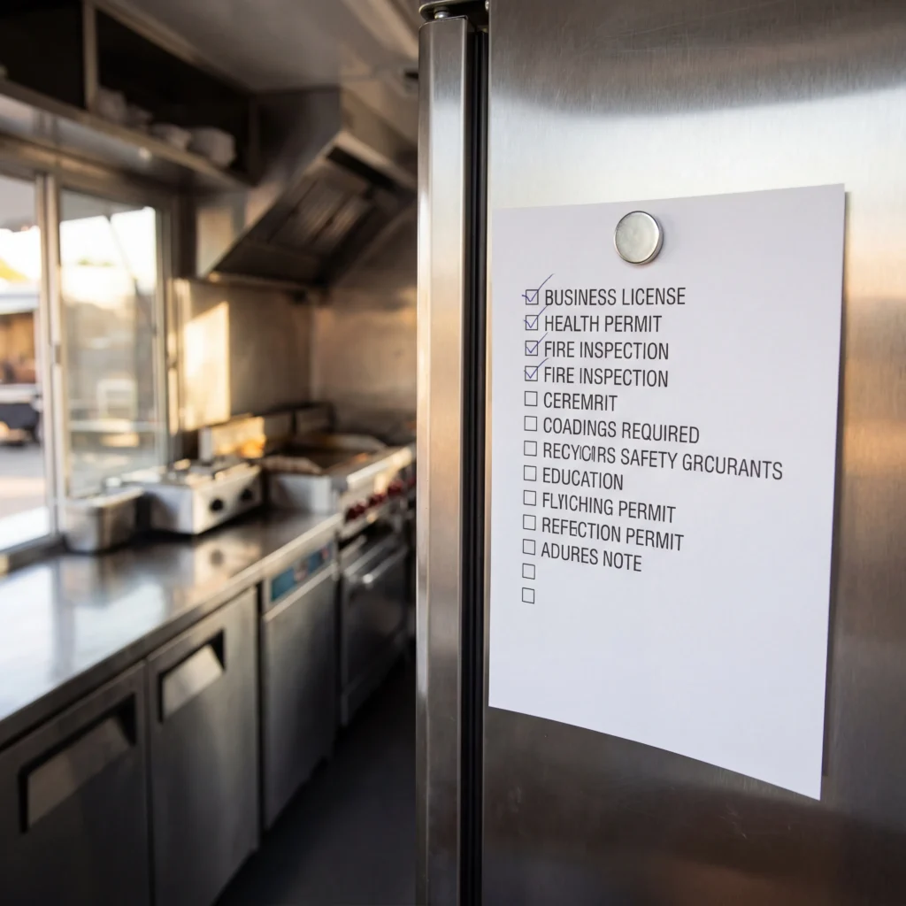 Printed food truck license checklist pinned to refrigerator with items checked off