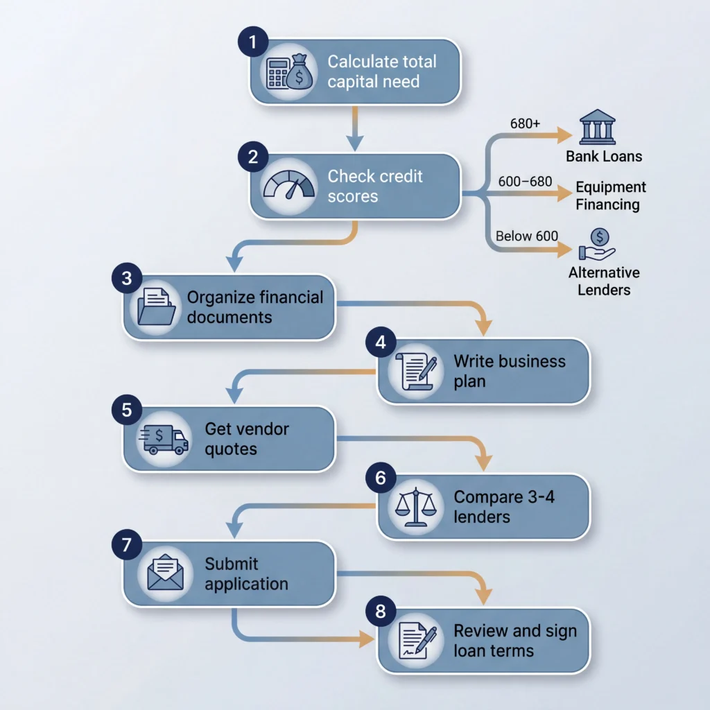 Food truck loan application process flowchart showing eight steps from calculating capital needs to signing loan terms