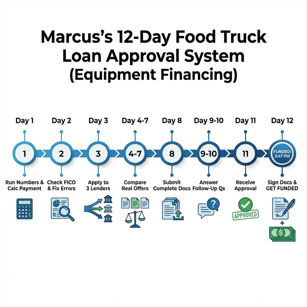 Food truck loan approval timeline showing 12-day process from application to funding with equipment financing lender