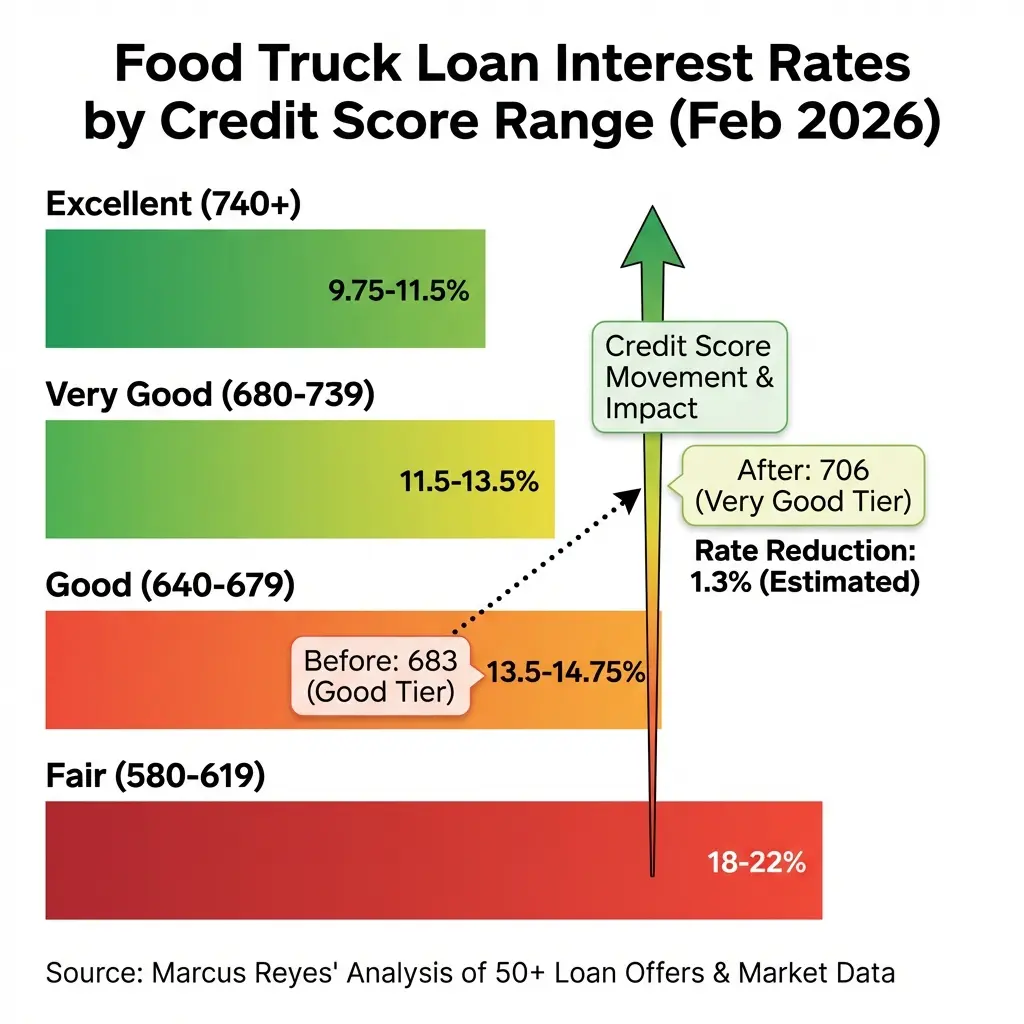 Credit score impact on food truck loan interest rates showing how improving from 683 to 706 reduced rate by 1.3 percent saving $2180