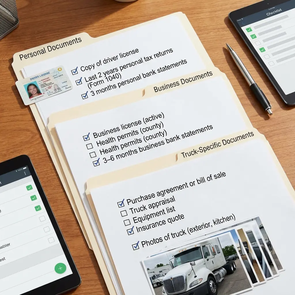 Complete food truck loan document checklist showing personal business and truck-specific paperwork organized for lender submission