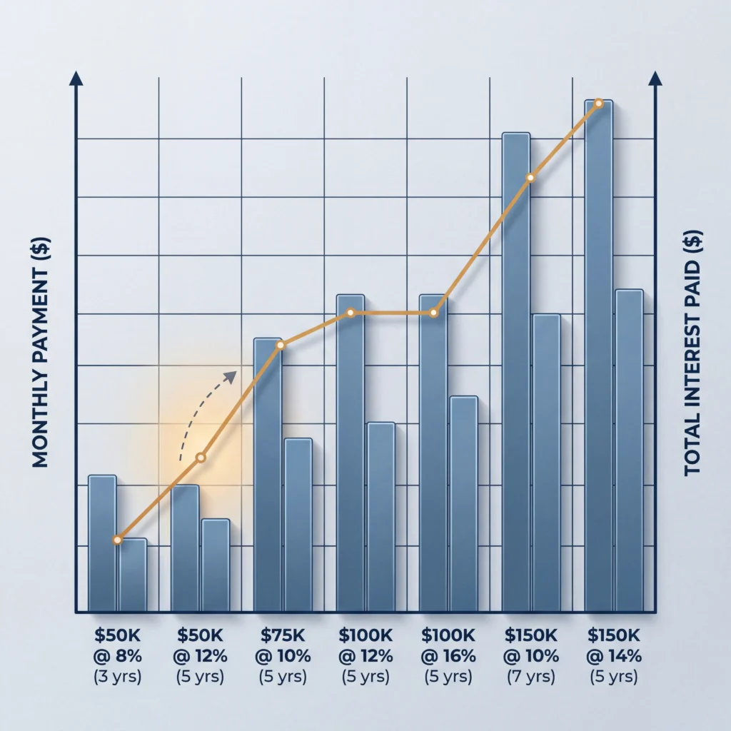 Food truck loan rates and monthly payment breakdown chart showing total interest across seven financing scenarios