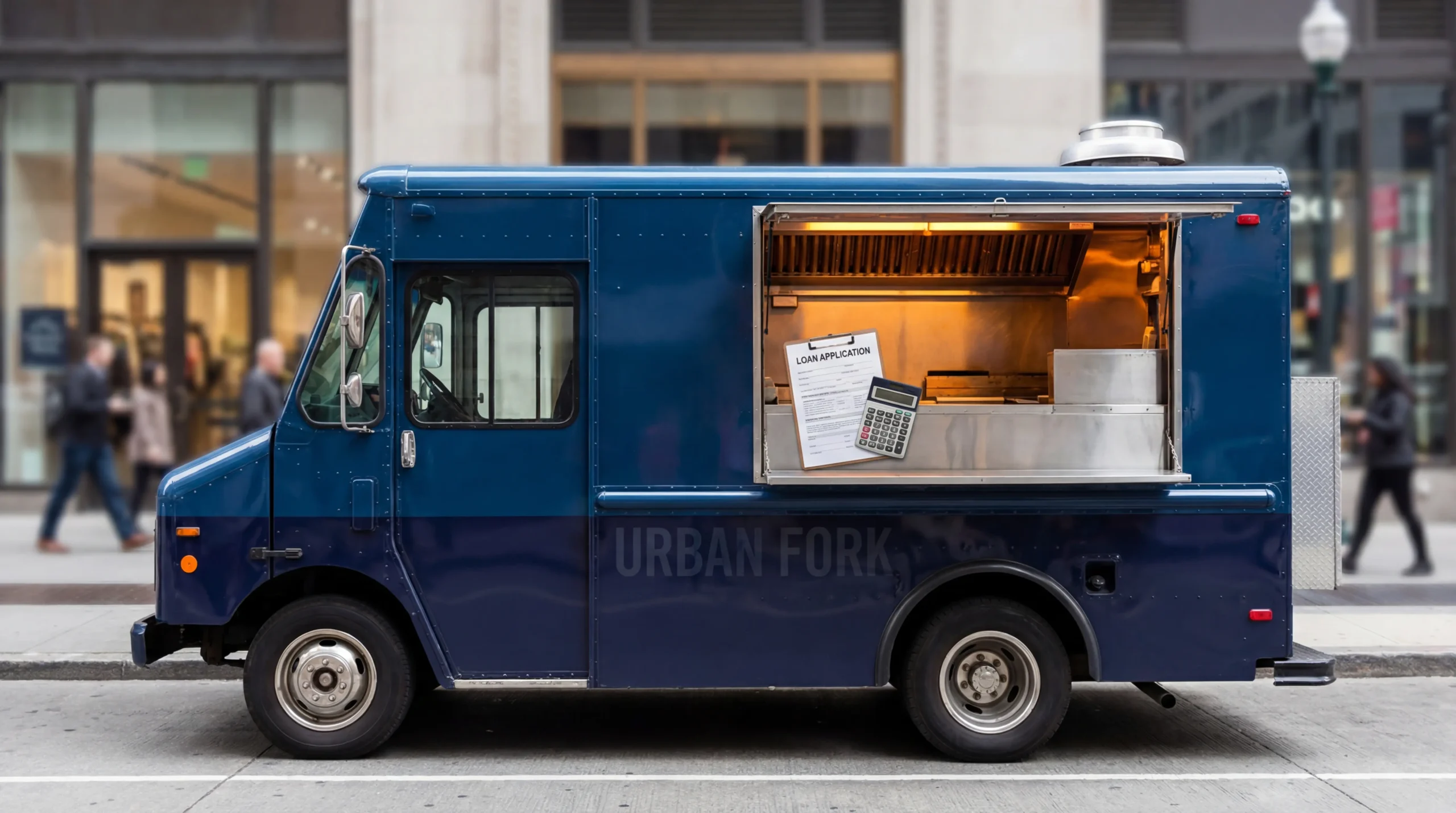 Food truck loans concept showing a professional food truck with financial documents at the service window