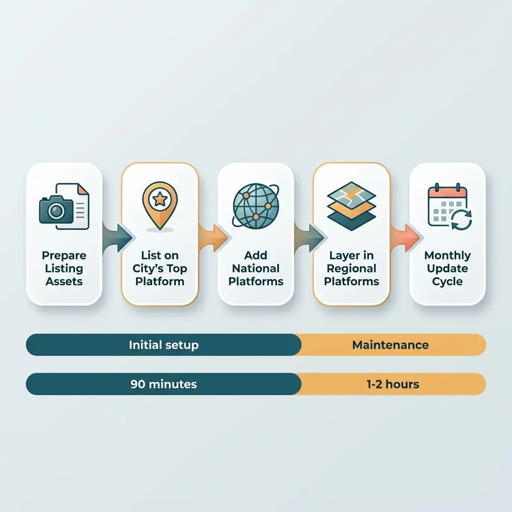 Food truck locator app listing process flowchart showing five steps from asset preparation to monthly updates