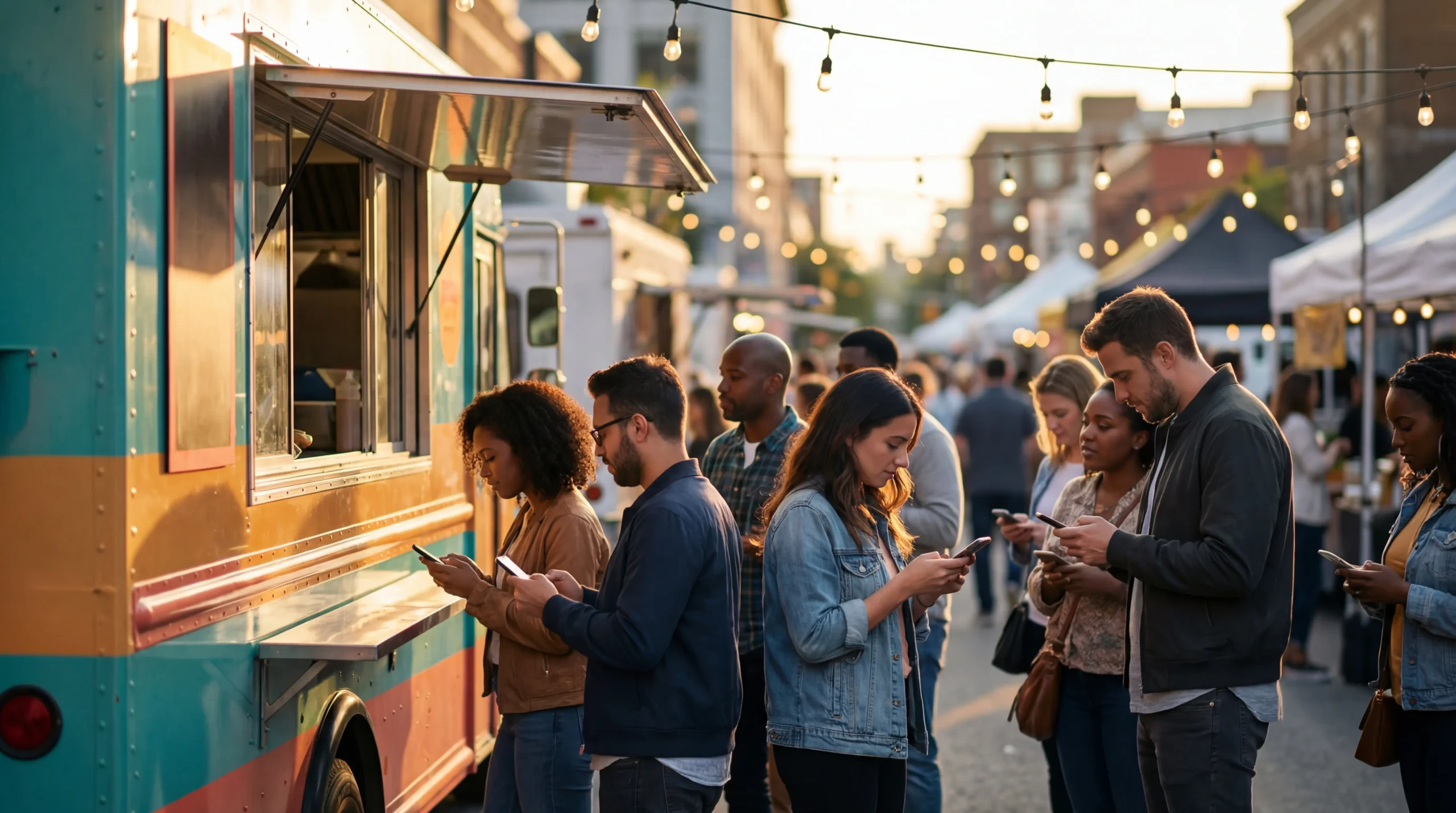 Food truck locator scene showing customers checking phones while waiting at a colorful food truck in an urban street market