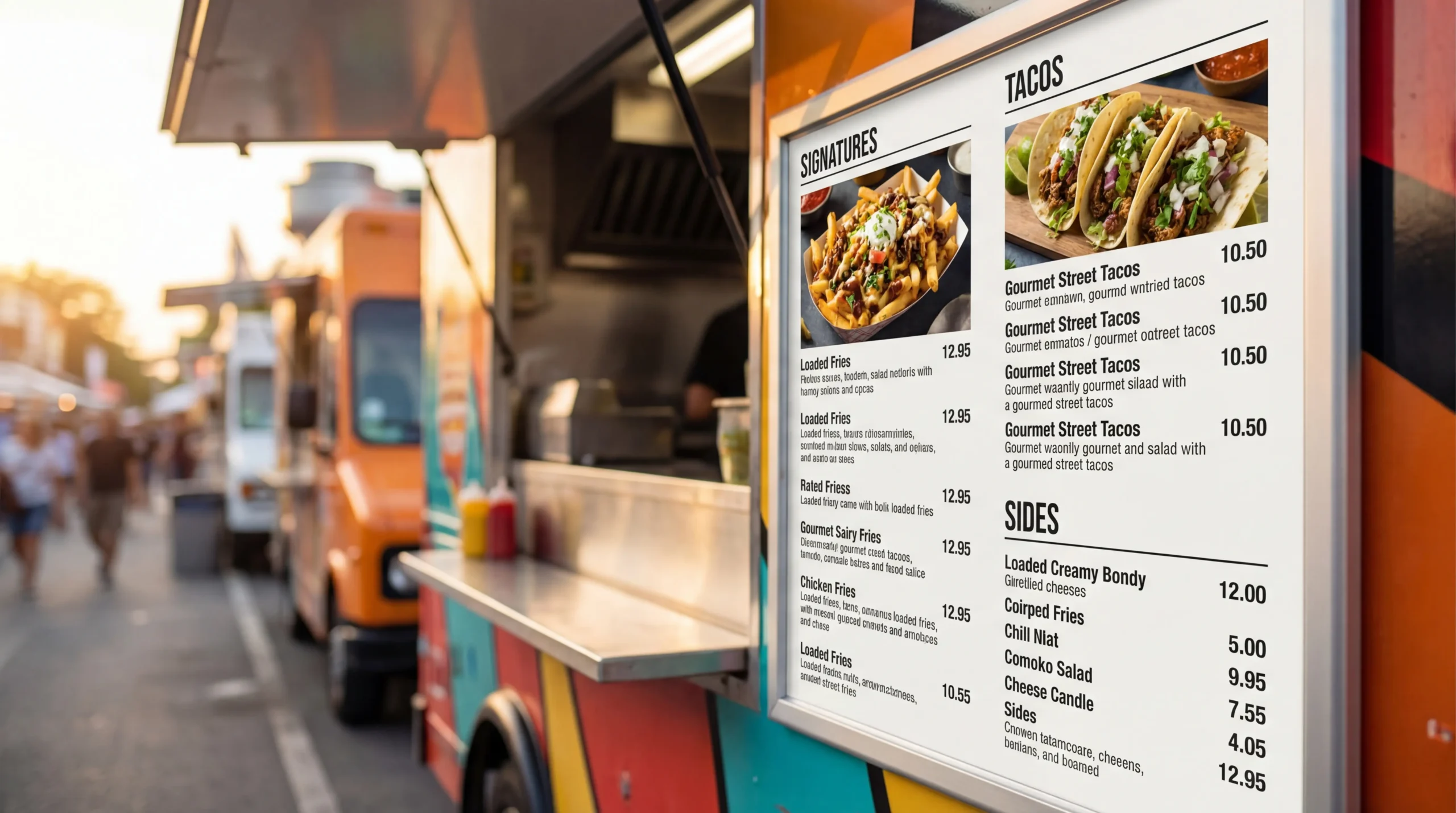 Professional food truck menu board showing organized categories and clear pricing design for maximum profitability