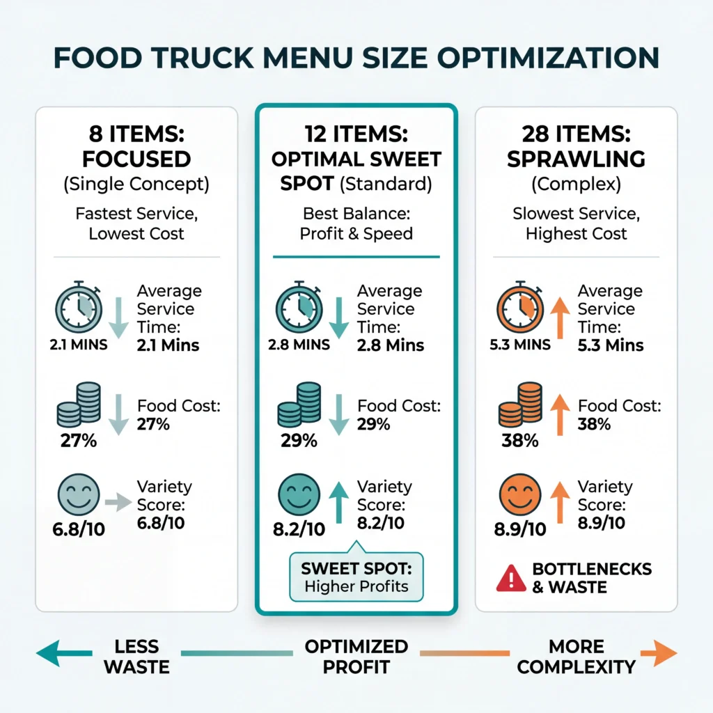 Food truck menu size comparison infographic showing optimal 8-15 item range reduces waste 32-45% and improves service speed 2.8 minutes per order