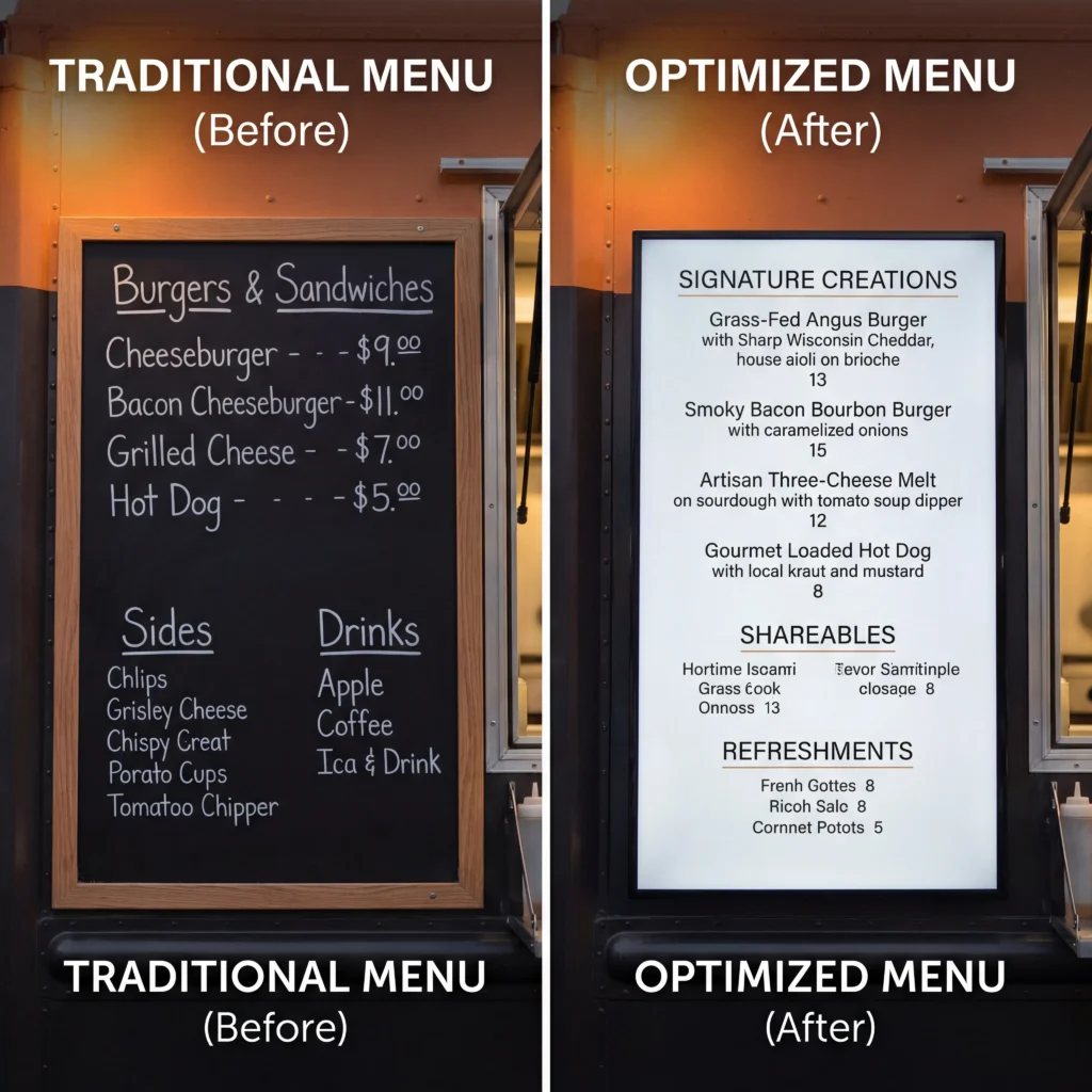 Food truck menu board before and after pricing psychology optimization removing dollar signs and price columns to increase transaction value 18-25%
