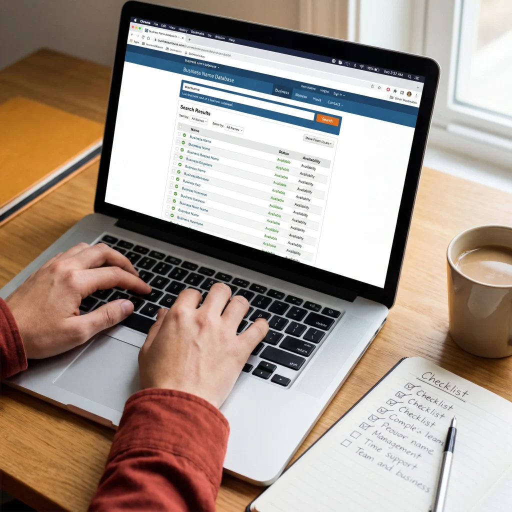 Checking food truck name availability on a laptop with a handwritten trademark checklist on a wooden desk