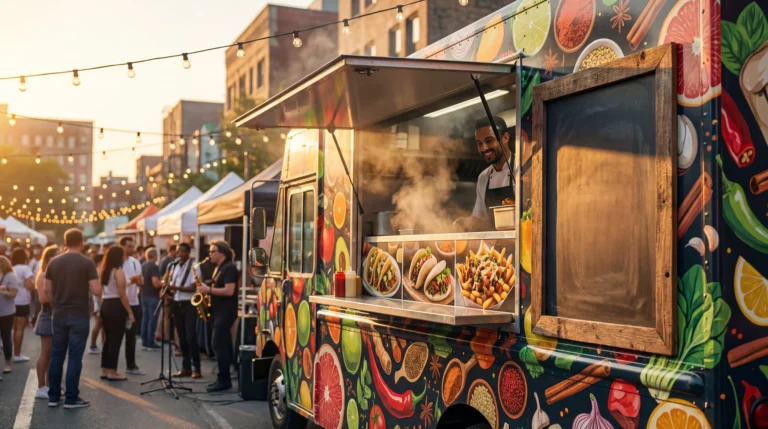Colorful food truck name ideas displayed on a vibrant truck at a busy outdoor food market at sunset