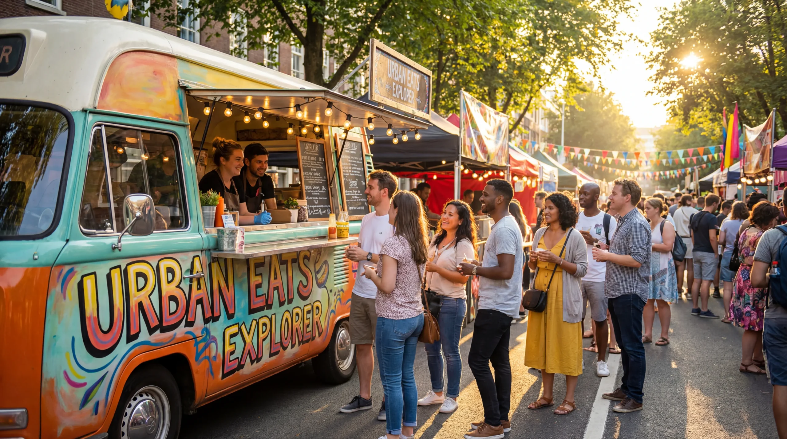 Colorful food truck names displayed on creative truck wraps at a busy outdoor street festival