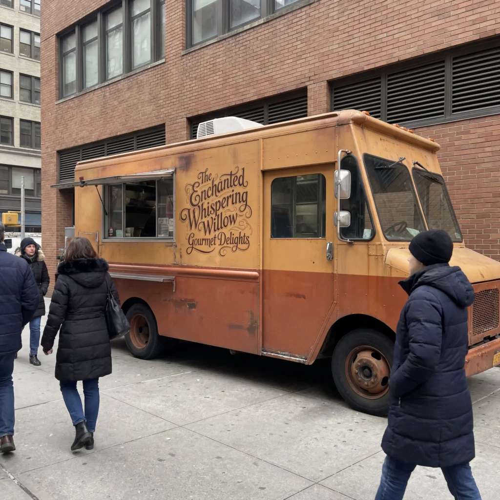 Common food truck naming mistakes shown by hard to read signage photographed from a distance on a busy sidewalk