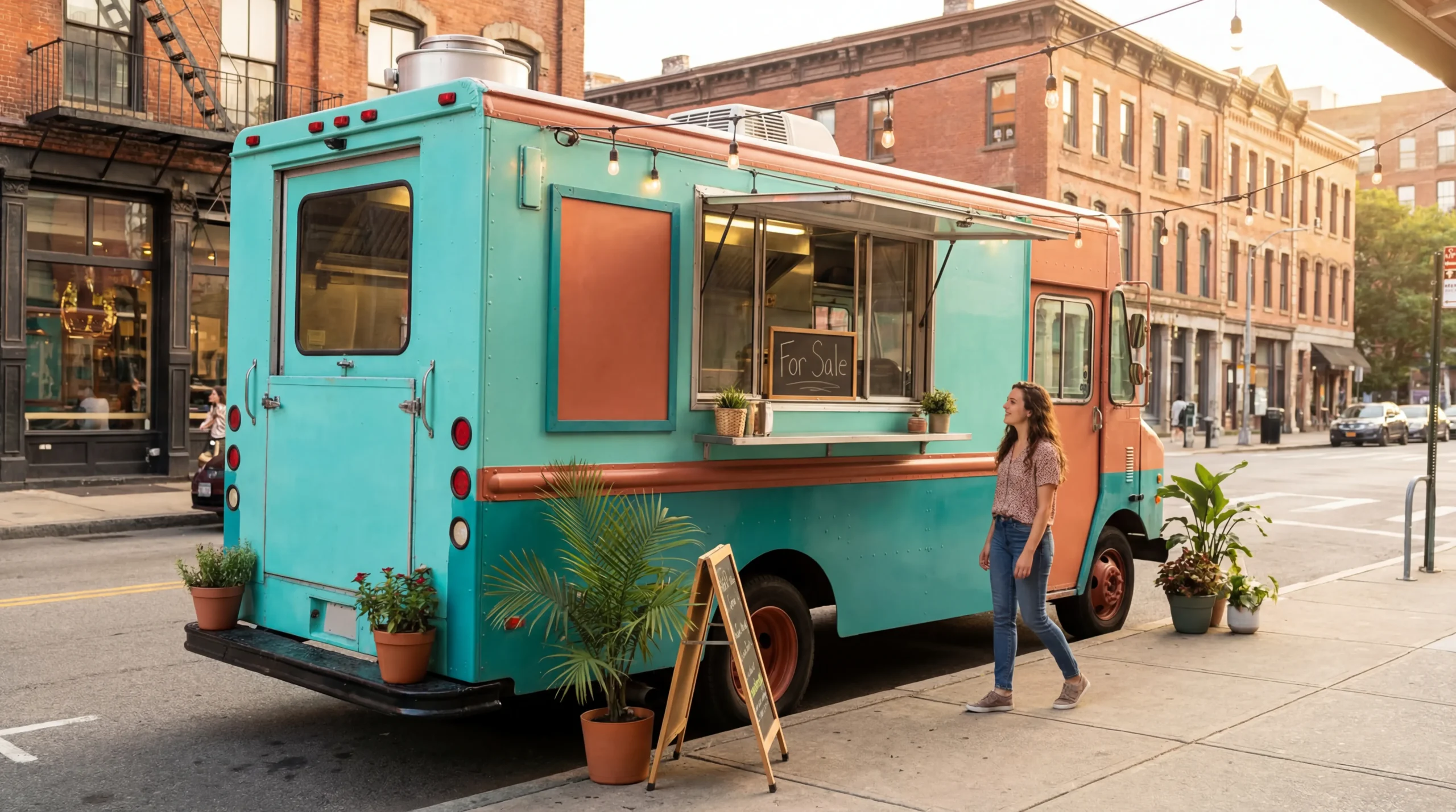 Food truck on sale with a bright service window on a sunny urban street at golden hour
