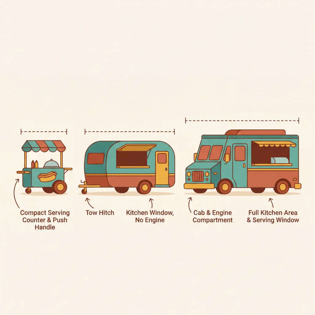 Food truck or trailer or cart comparison diagram showing relative sizes and key features of three mobile food vehicles