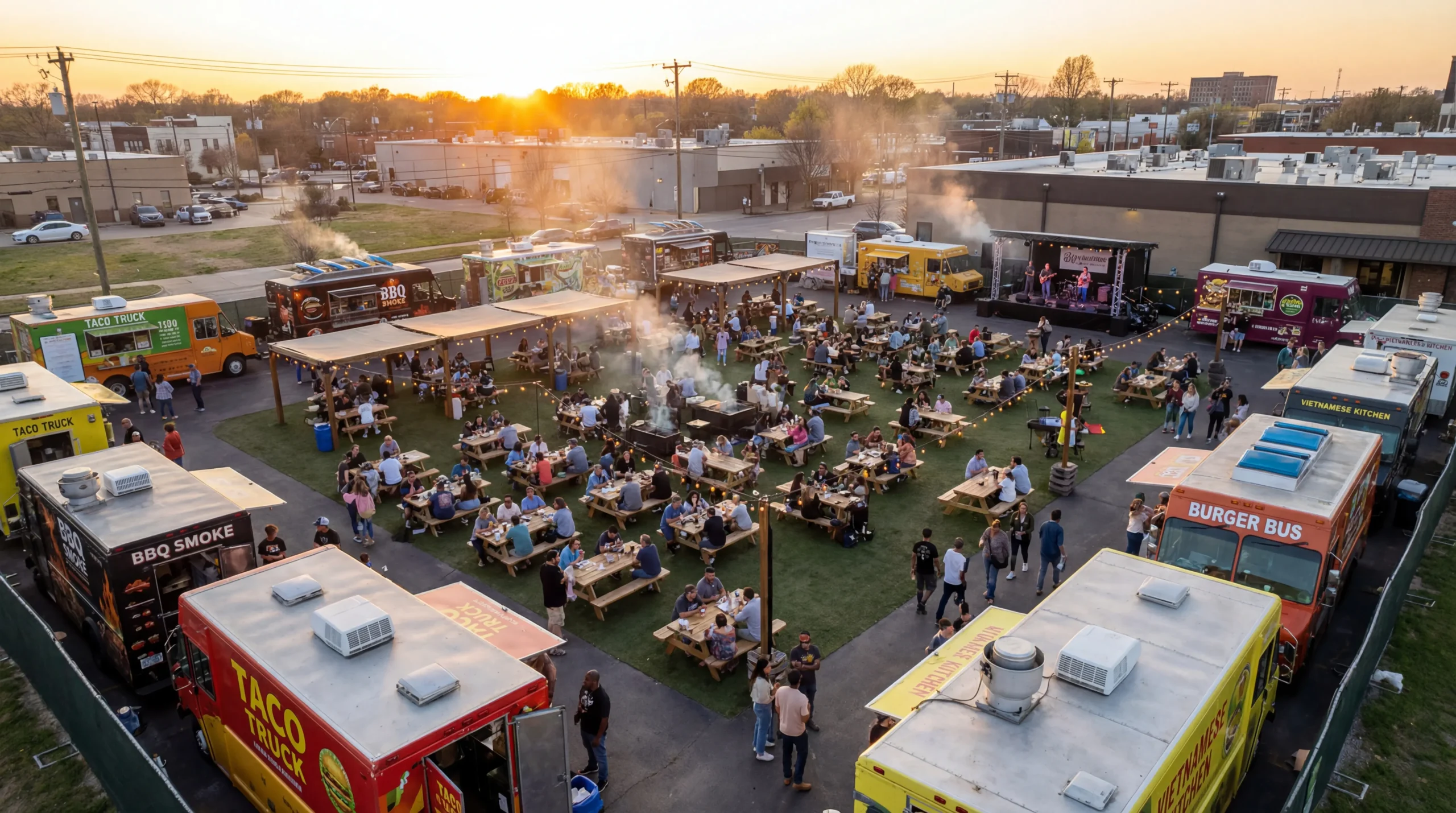 Aerial view of bustling food truck park with multiple trucks, outdoor seating, and crowd enjoying meals at sunset